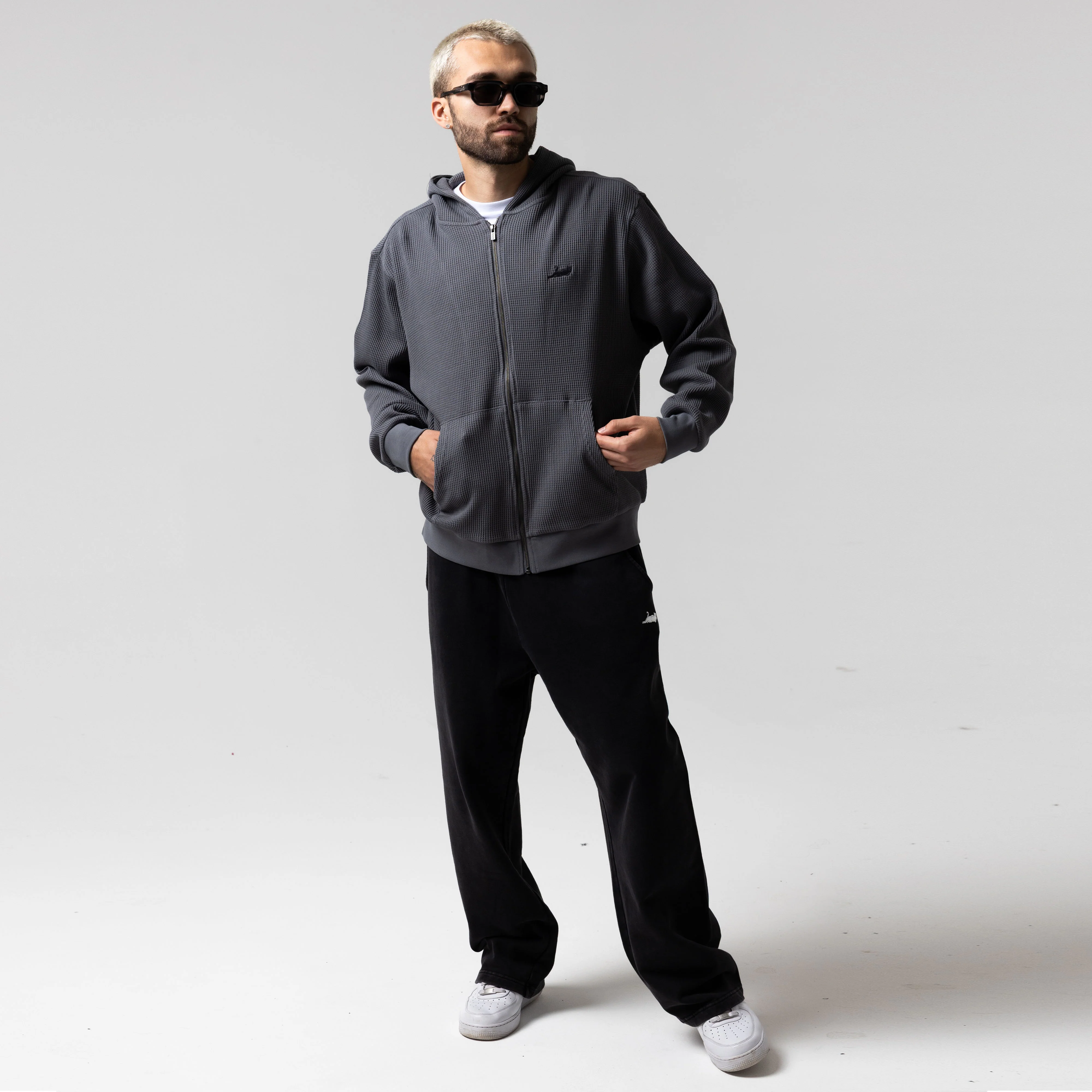 Castanza Waffle Knit Zip Up Hoodie (Charcoal) - Image 5