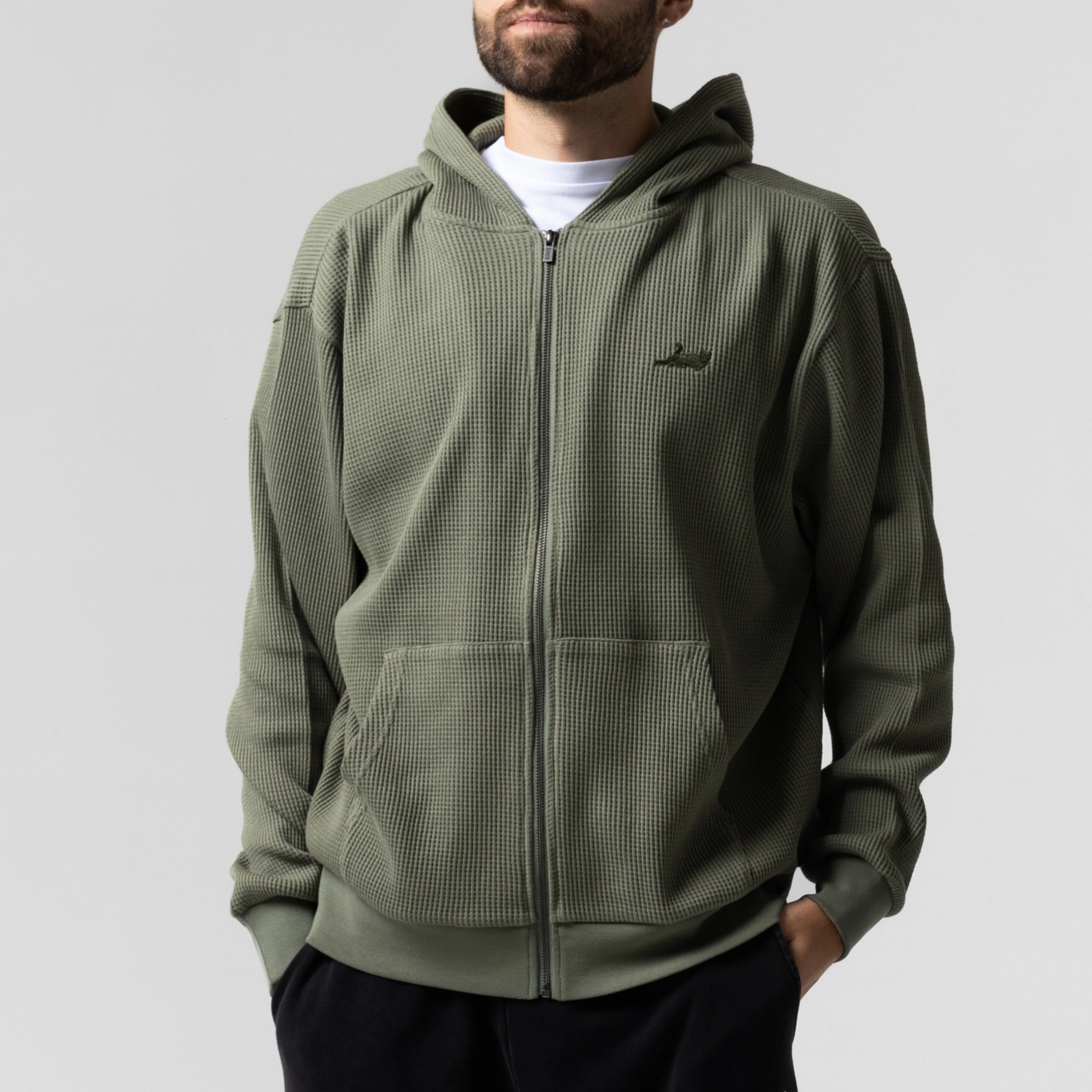 Castanza Waffle Knit Zip Up Hoodie (Olive) - Image 2