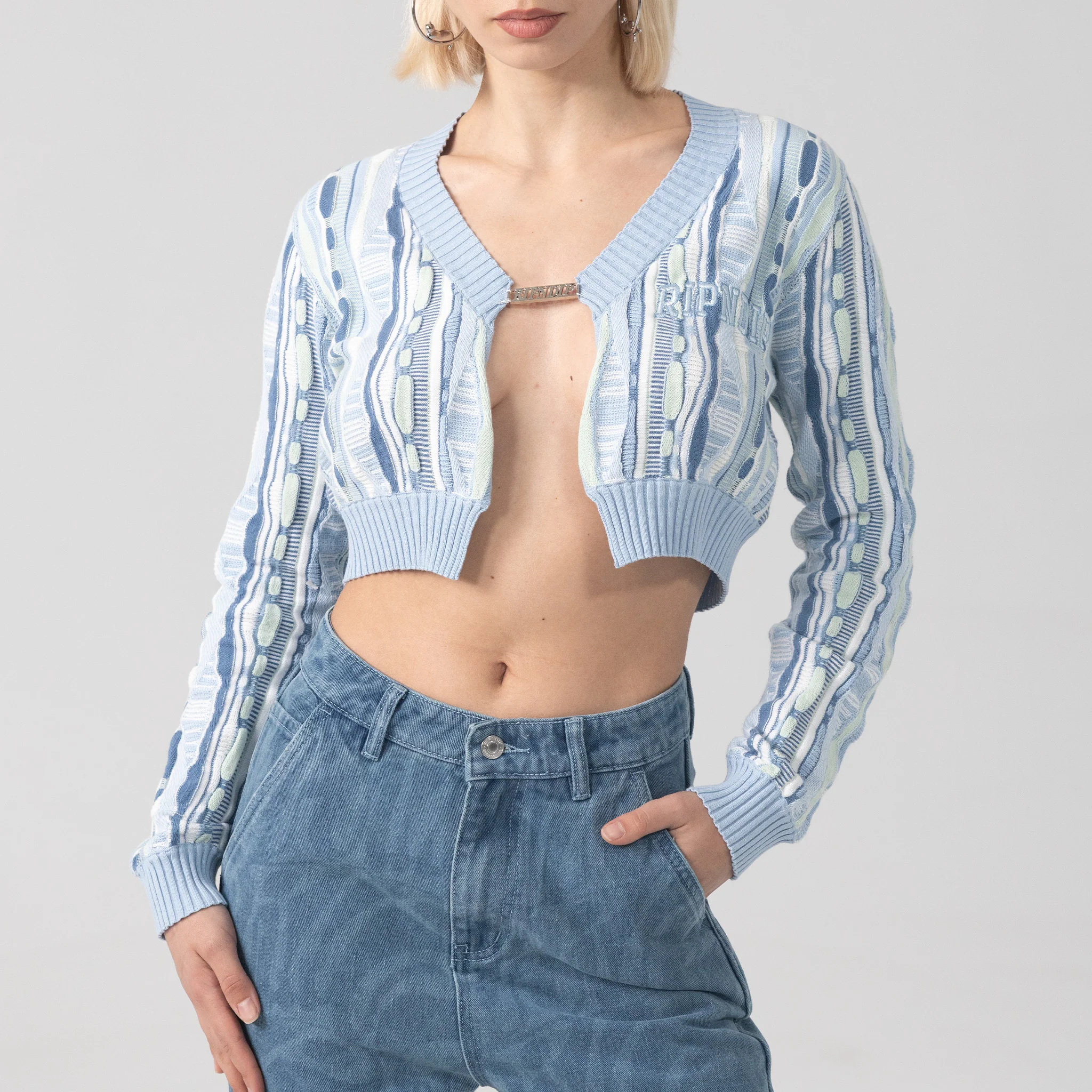 Corded Knit Cropped Long Sleeve (Light Blue) - Image 2