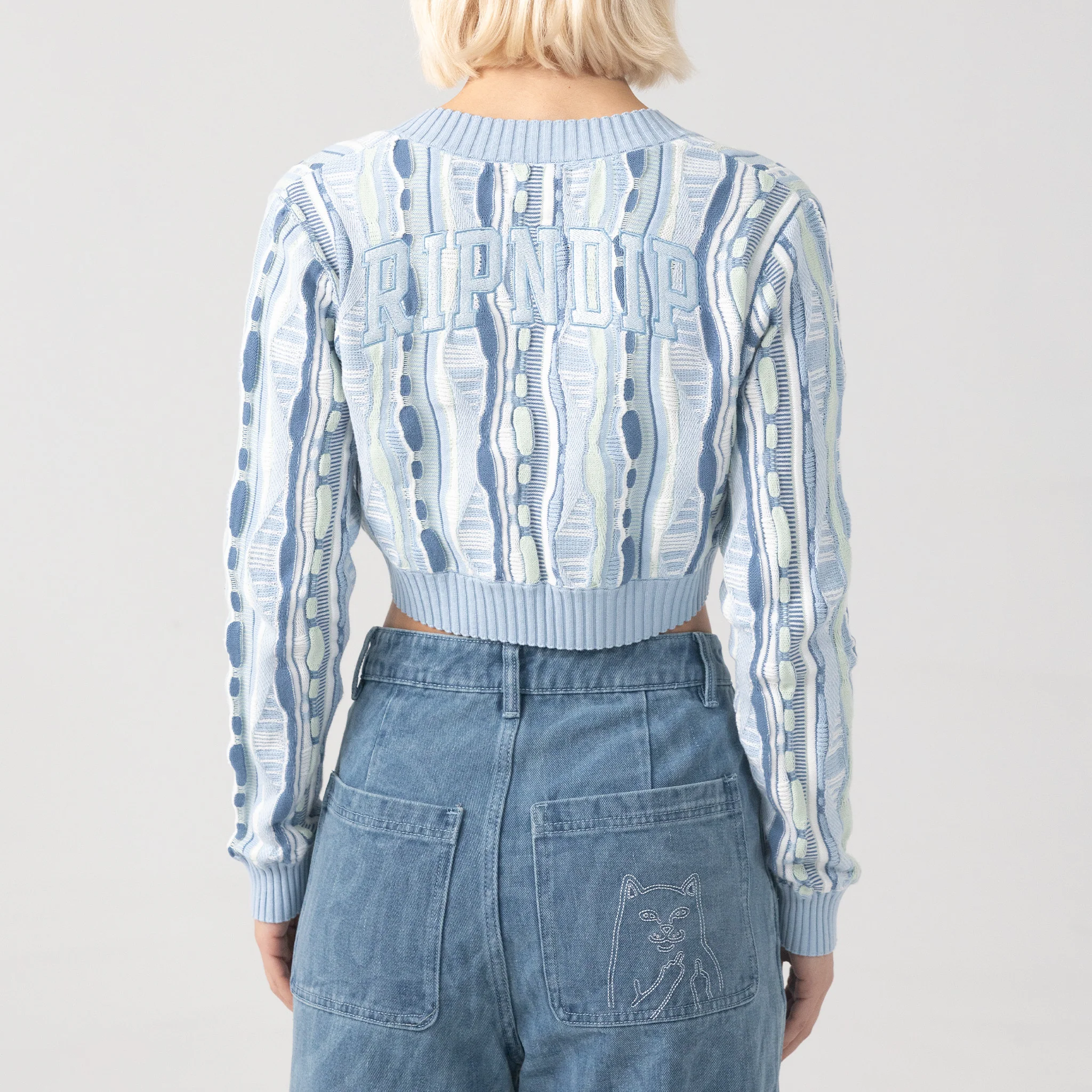 Corded Knit Cropped Long Sleeve (Light Blue) - Image 3