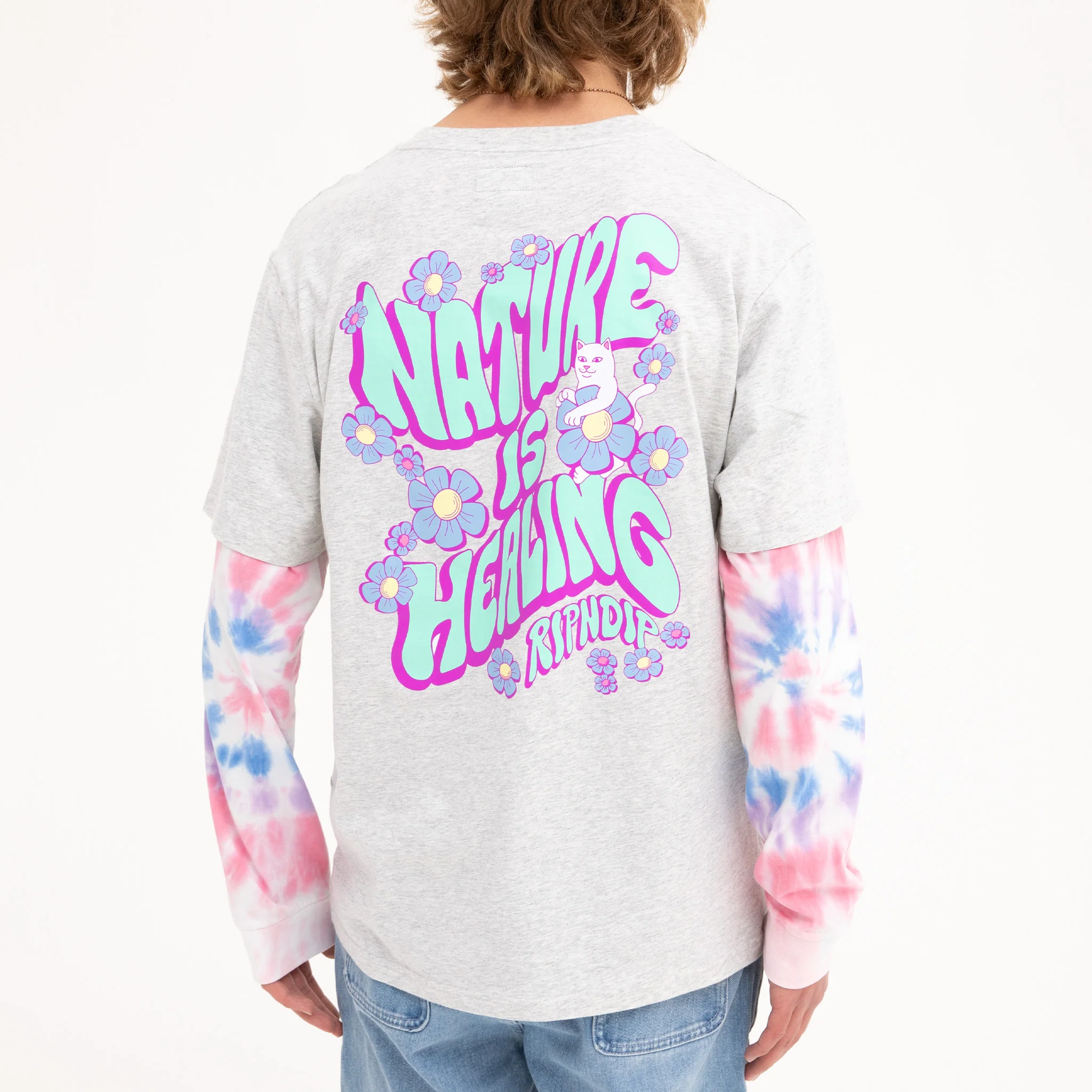 Nature Is Healing Double Sleeve Tee (Ash Heather/Pink) - Image 3